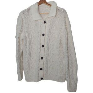 Handknit Womens L Fishermans Sweater Aran Cable Knit Ivory Cardigan Collared
